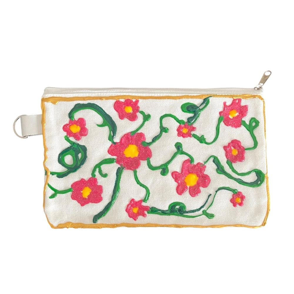 Floral Canvas Makeup Pouch Cosmetic Travel Bag Zippered Hand Painted Textured
